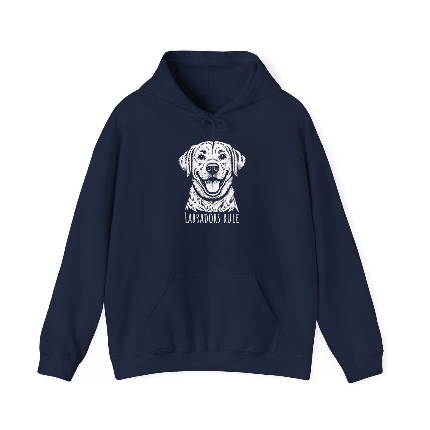 Navy blue hoodie with a white labrador graphic and 'Labradors Rule' text on a white background