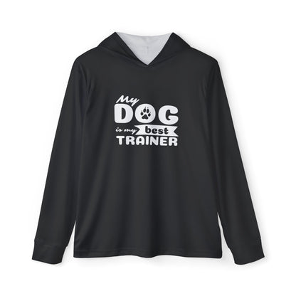 Black hoodie with 'My dog is my best trainer' text on a white background