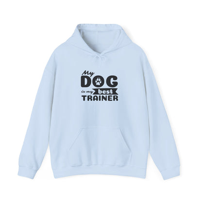 Light blue hoodie with text 'My dog is my best trainer' on a white background
