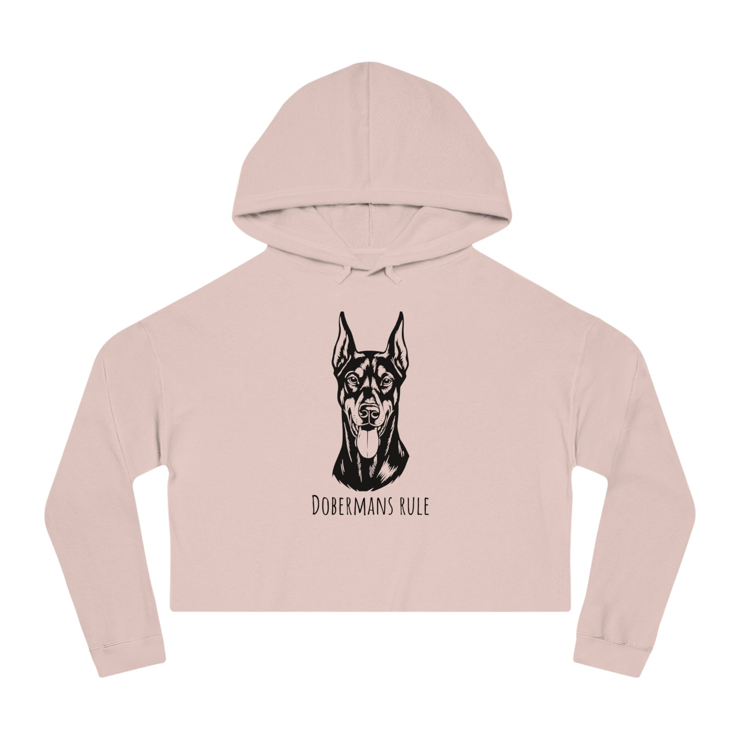 Pink cropped hoodie with a black doberman graphic and 'Dobermans Rule' text on a white background