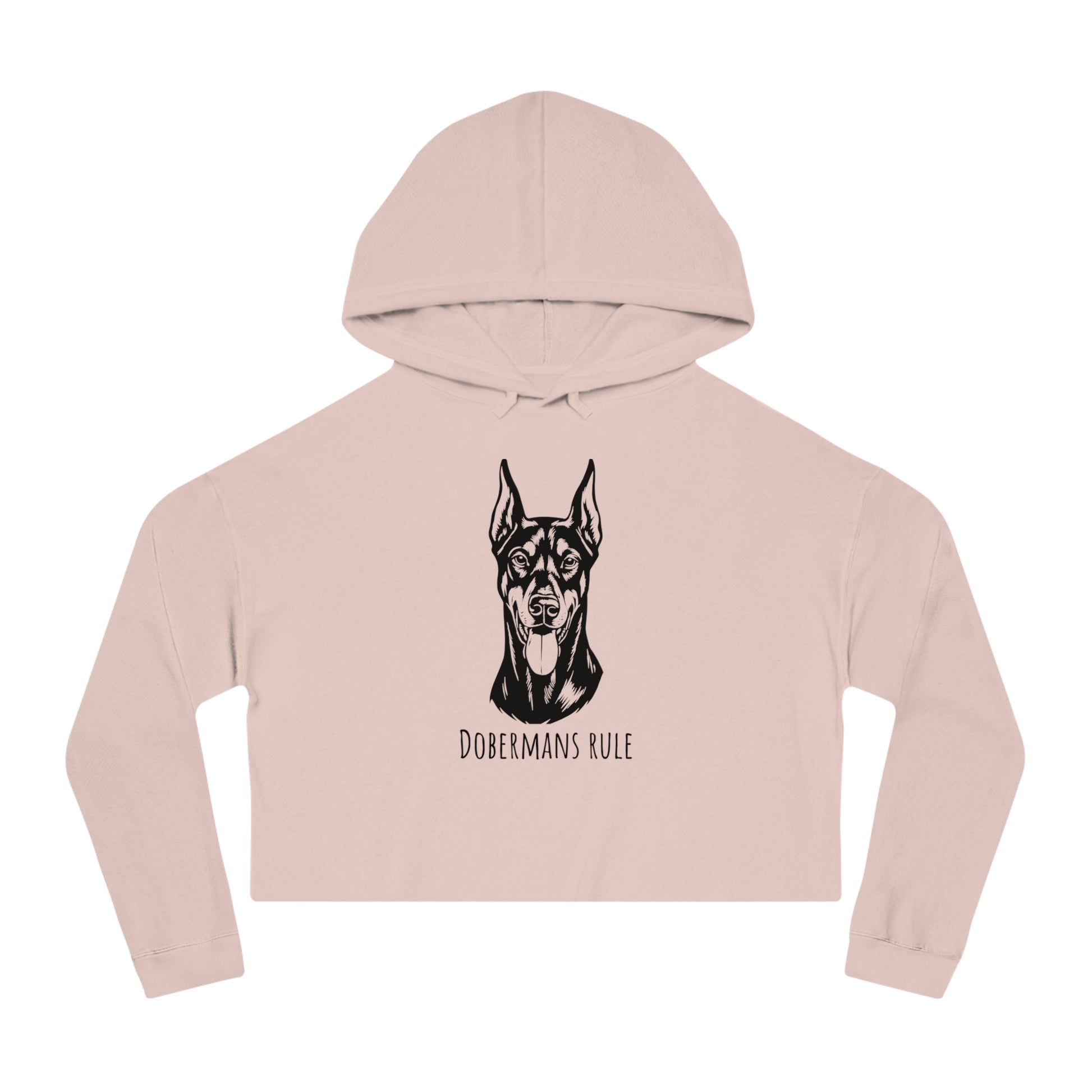 Pink cropped hoodie with a black doberman graphic and 'Dobermans Rule' text on a white background