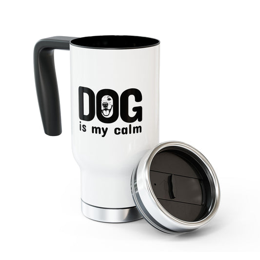 White travel mug with black handle and 'DOG is my calm' text on a white background