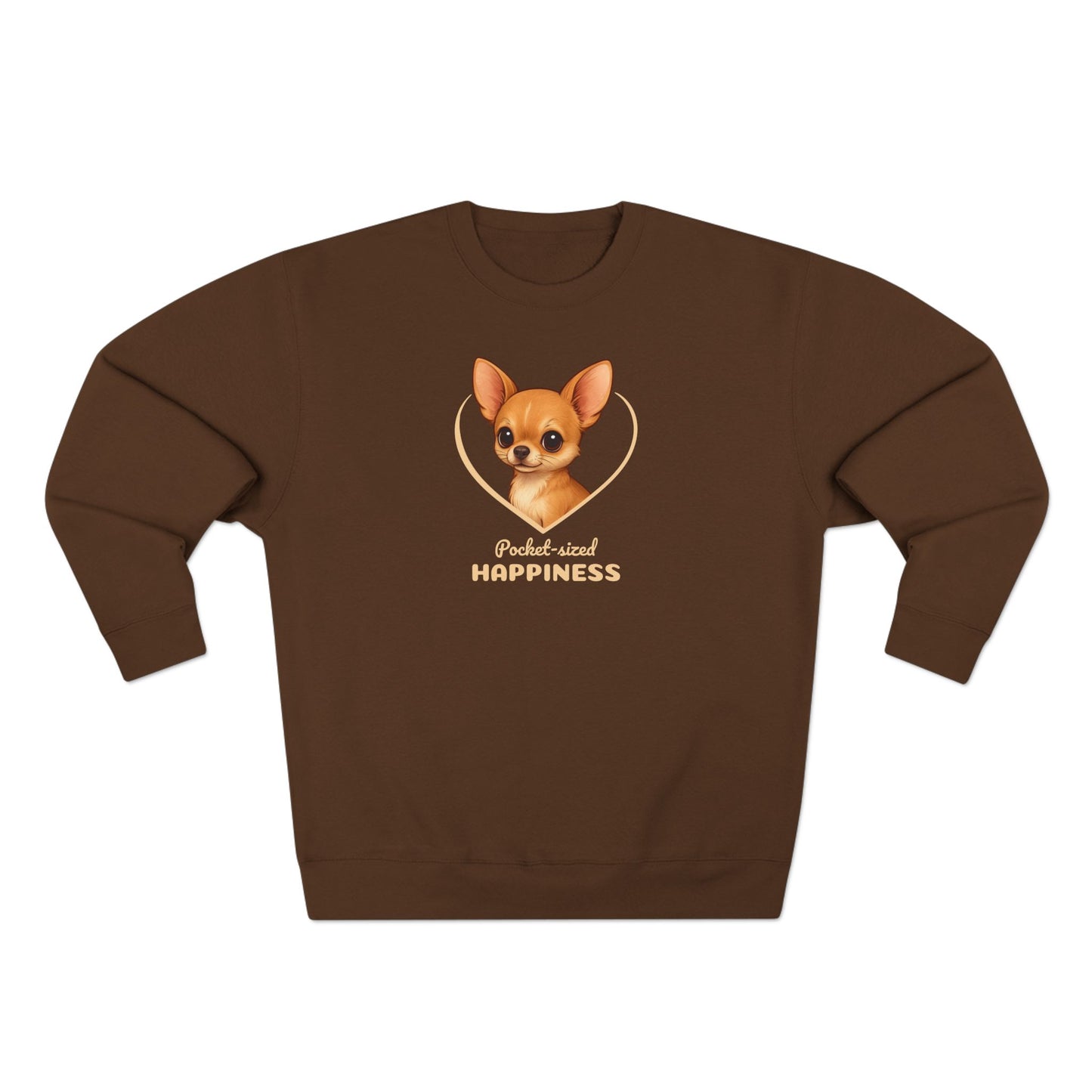 Brown sweatshirt with a dog graphic and text on a white background