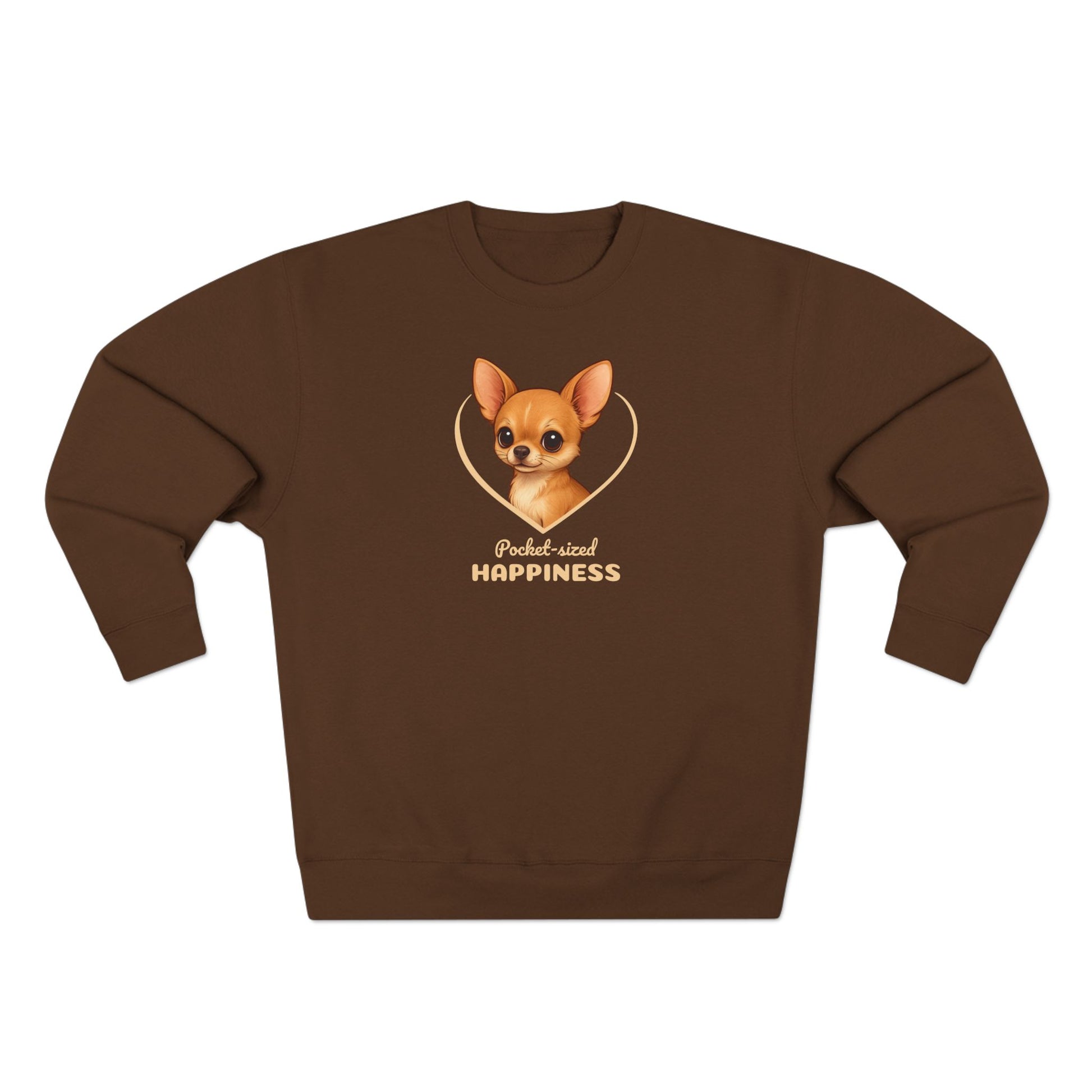 Brown sweatshirt with a dog graphic and text on a white background
