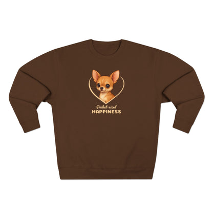 Brown sweatshirt with a dog graphic and text on a white background