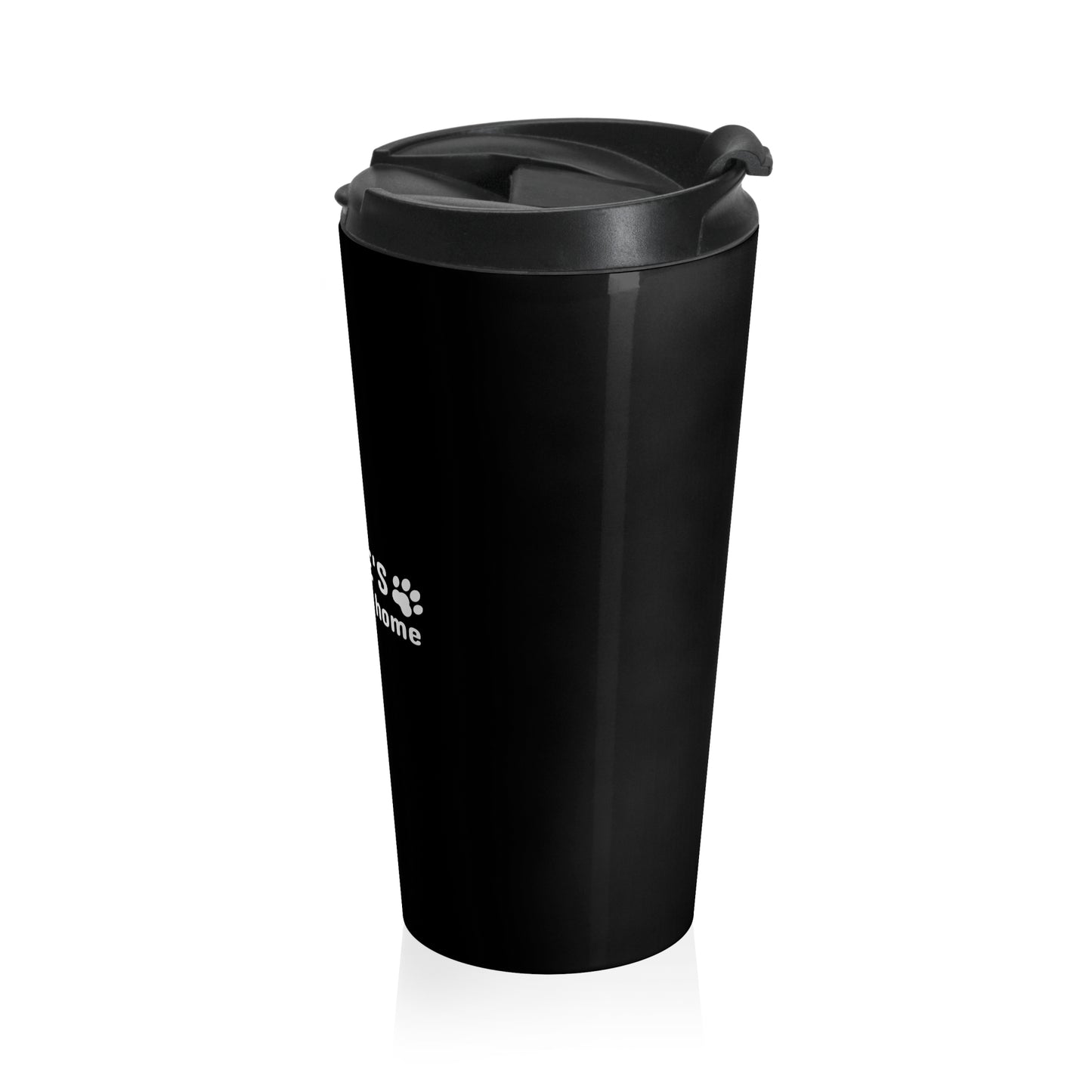 Black travel mug with a logo on a white background