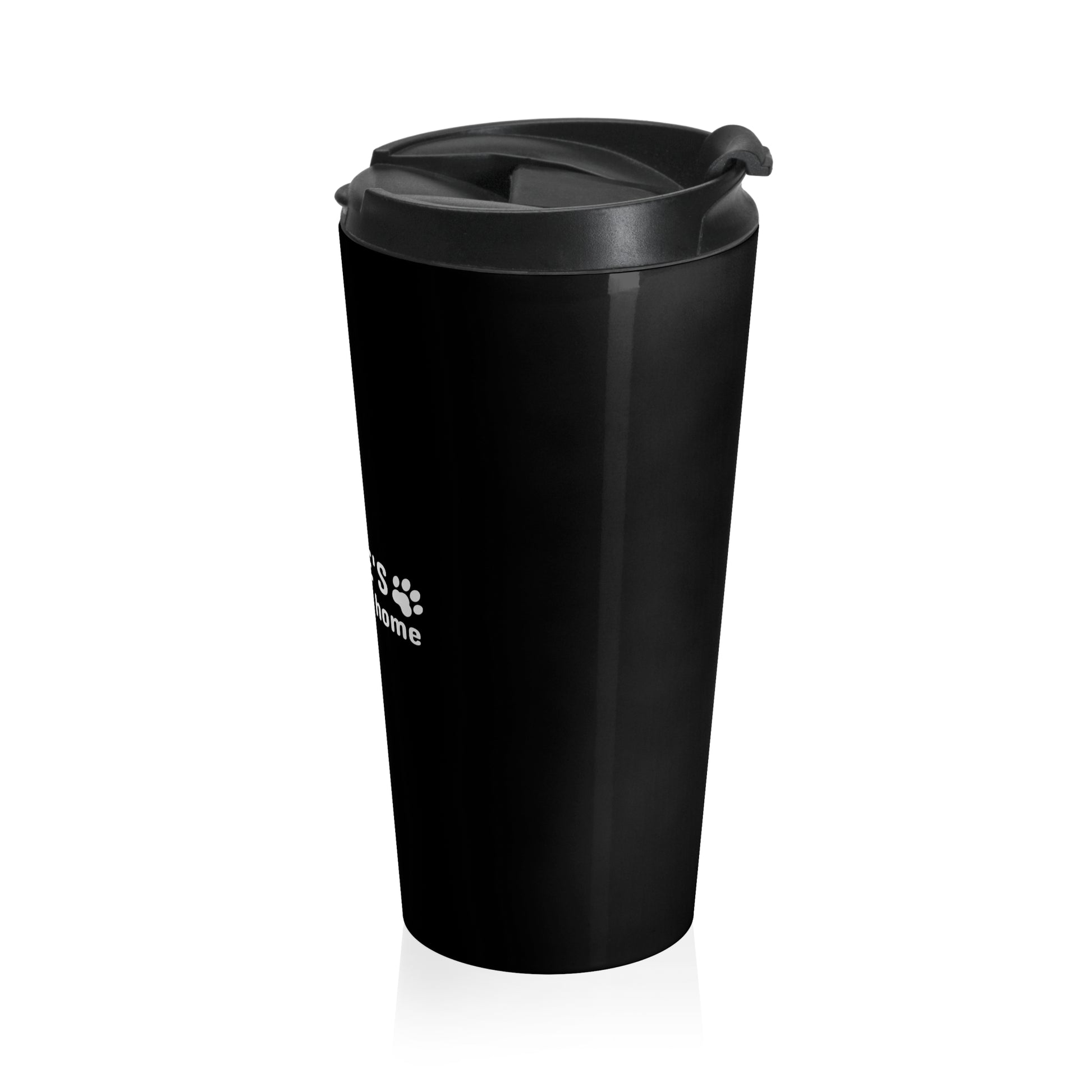 Black travel mug with a logo on a white background
