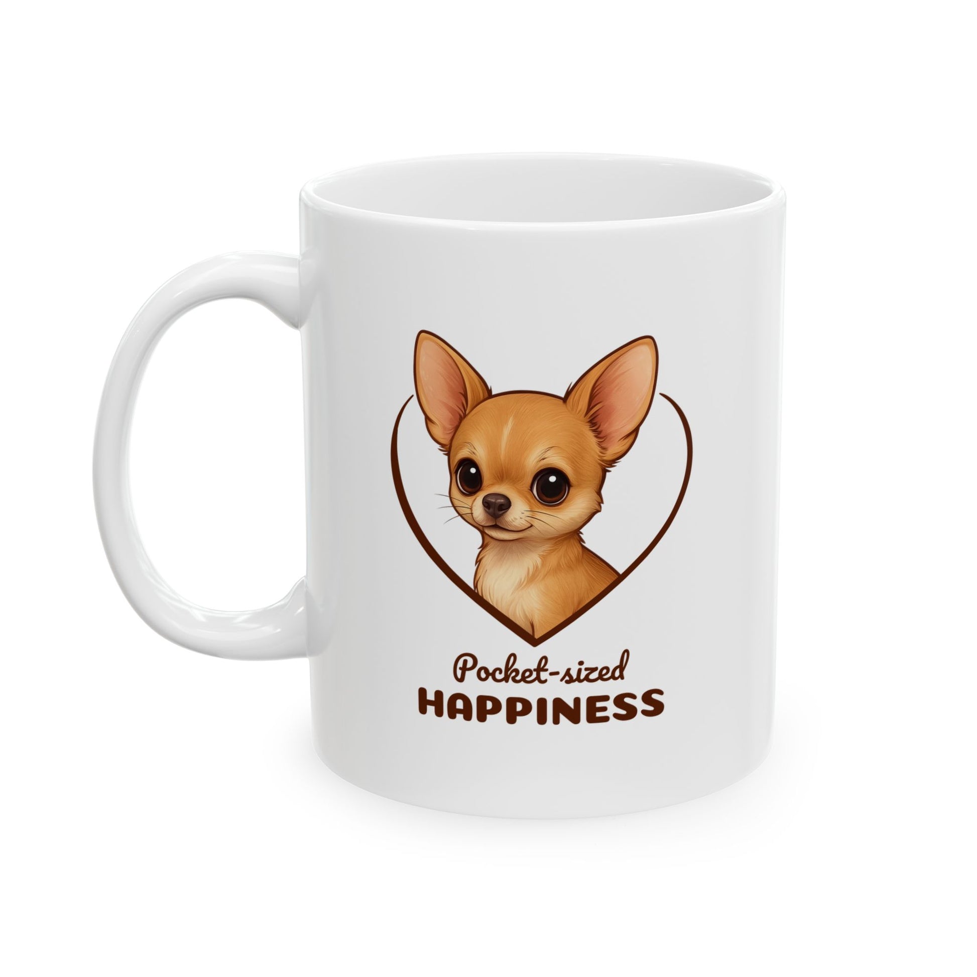 White mug with a chihuahua illustration and 'Pocket-sized Happiness' text on a white background