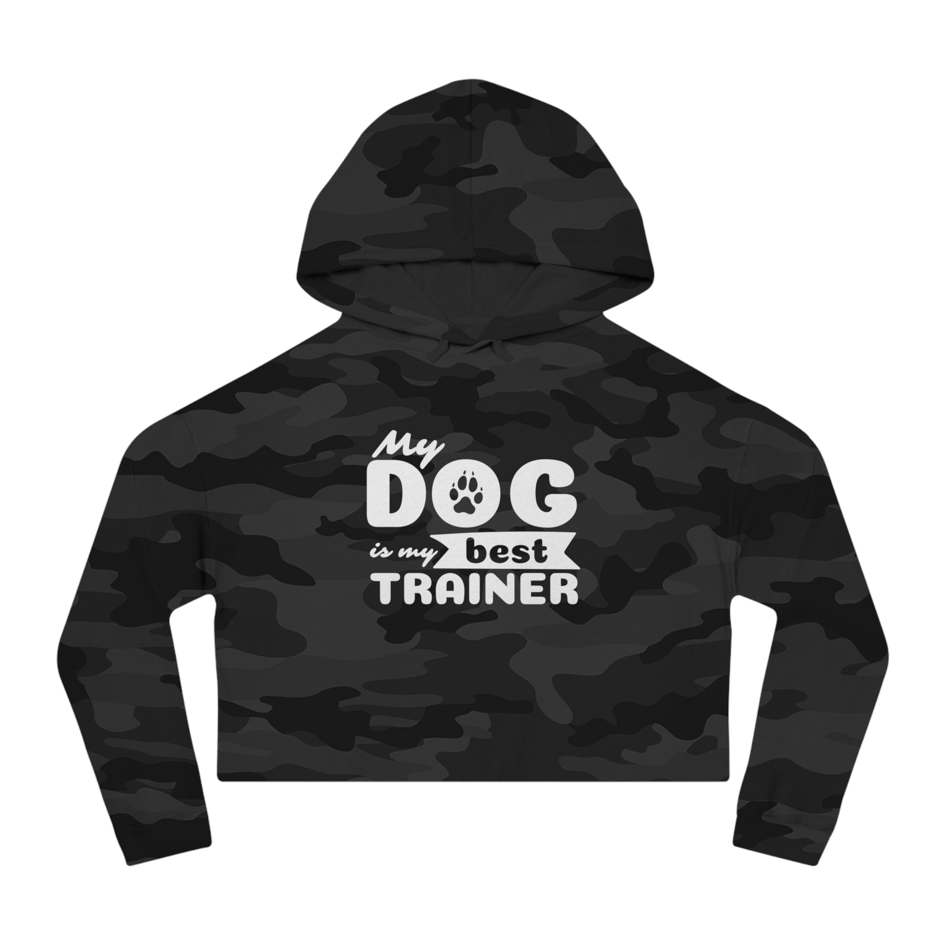Black camouflage hoodie with text 'My dog is my best trainer' on a white background