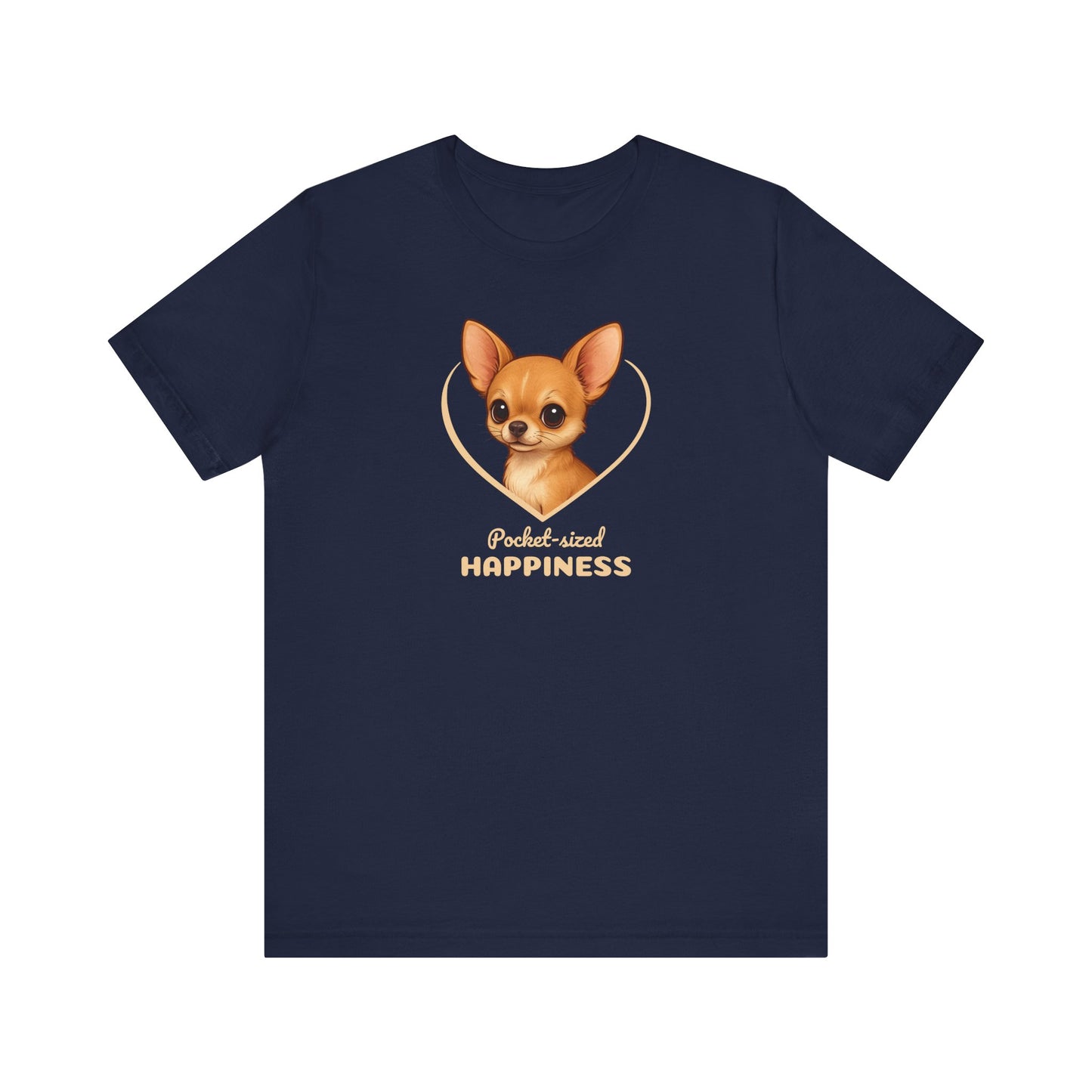 Navy blue t-shirt with a dog illustration and 'Pocket-sized Happiness' text on a white background