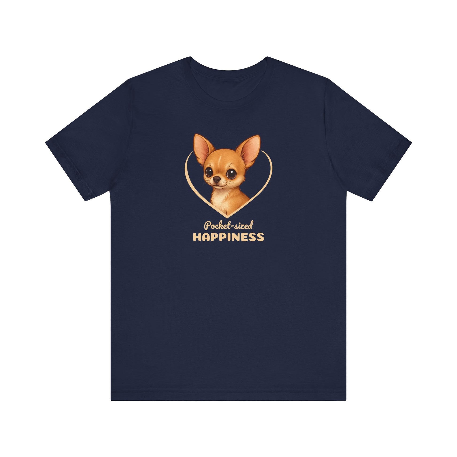 Navy blue t-shirt with a dog illustration and 'Pocket-sized Happiness' text on a white background