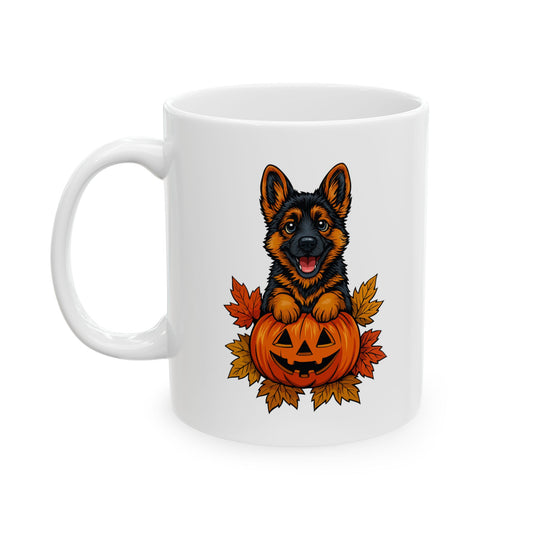White mug with a German Shepherd and pumpkin design on a white background