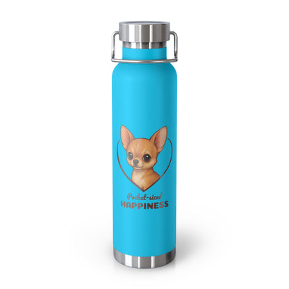 Blue water bottle with a chihuahua illustration and text on a white background