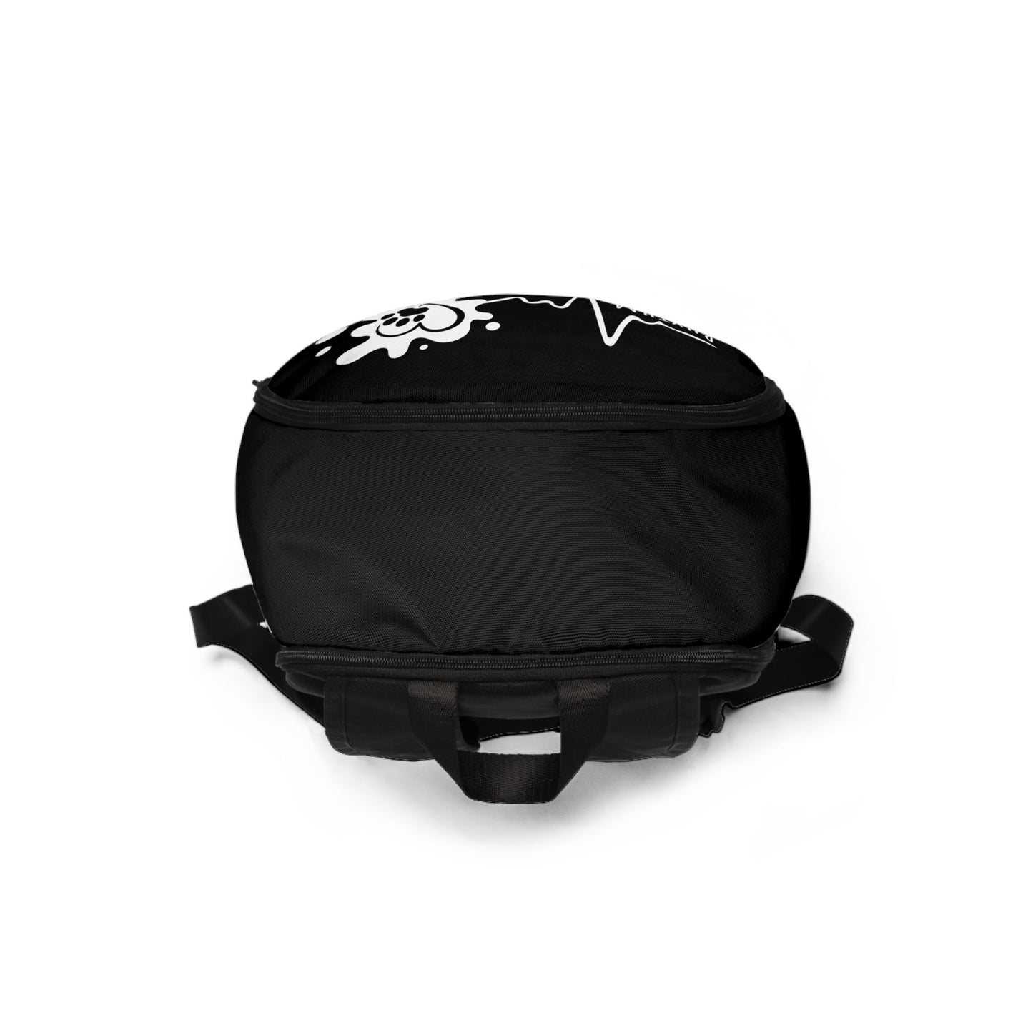 Black backpack with white design on a white background