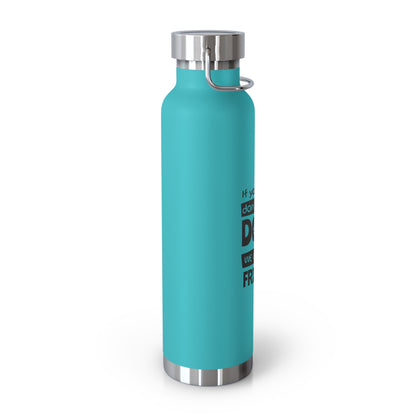 Turquoise water bottle with silver lid and handle on a white background