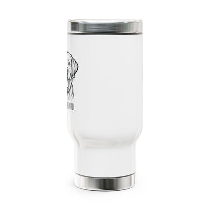 White tumbler with a dog illustration and text on a white background