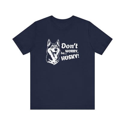 Navy blue t-shirt with husky graphic and text on a white background
