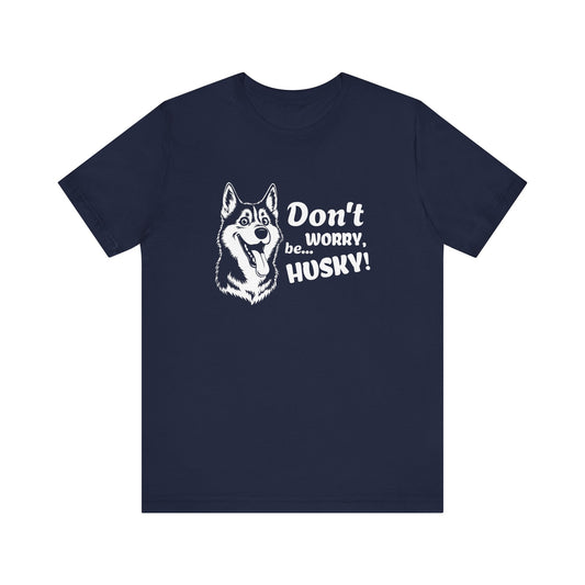 Navy blue t-shirt with husky graphic and text on a white background
