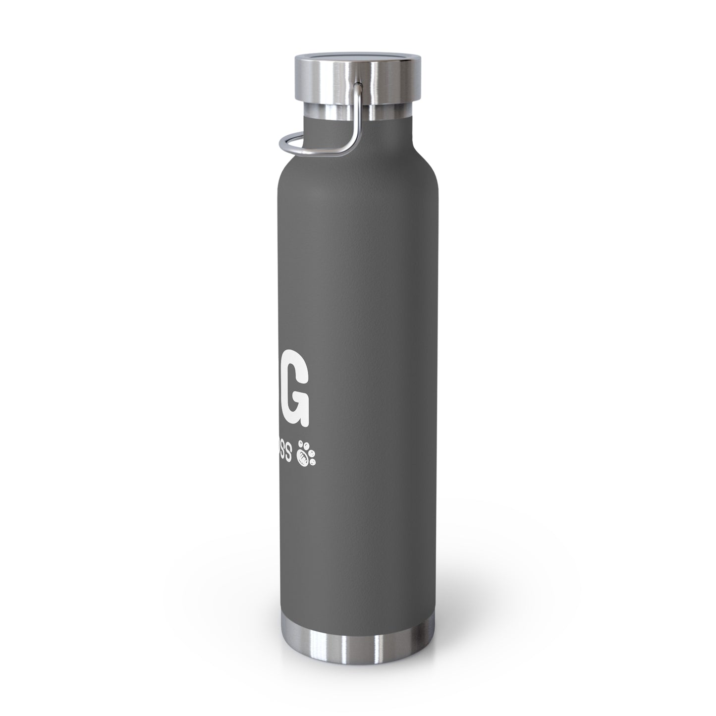 Gray water bottle with a logo on a white background