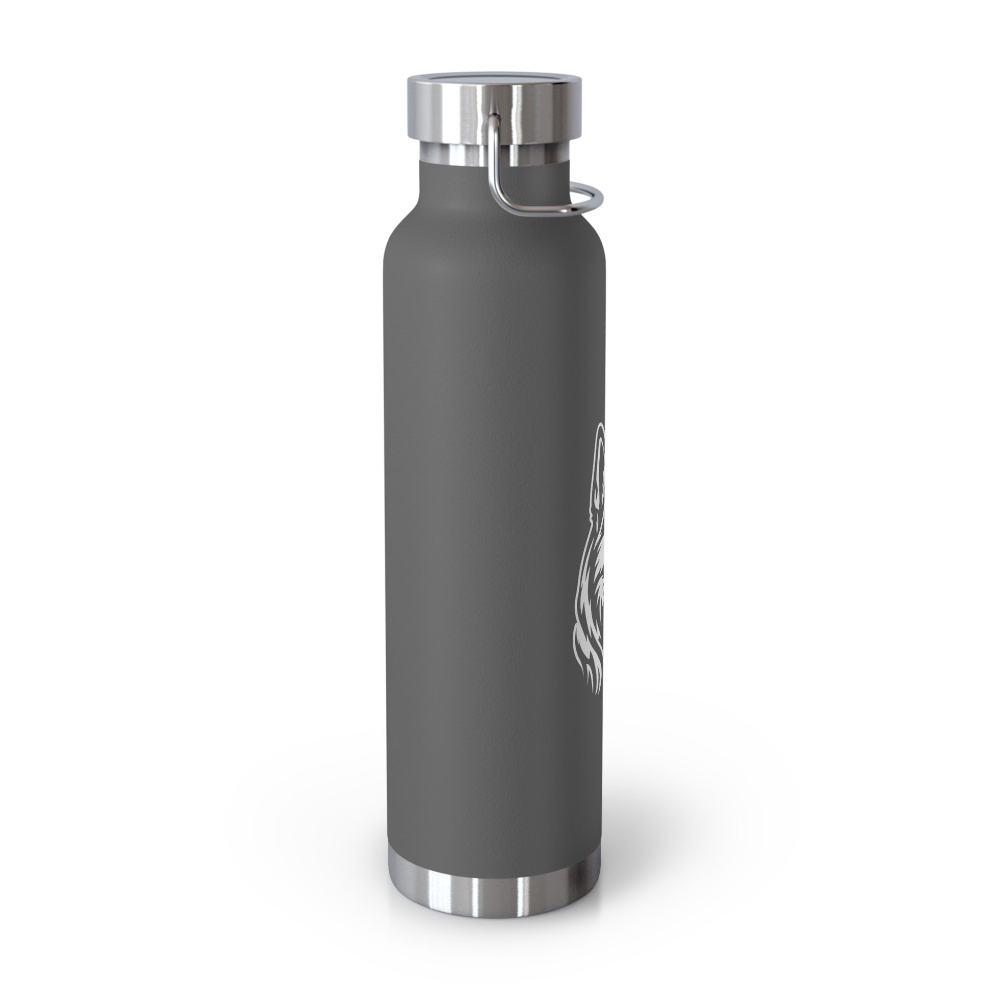 Gray water bottle with silver cap and logo on a white background