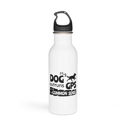 White water bottle with black text and dog graphic on a white background
