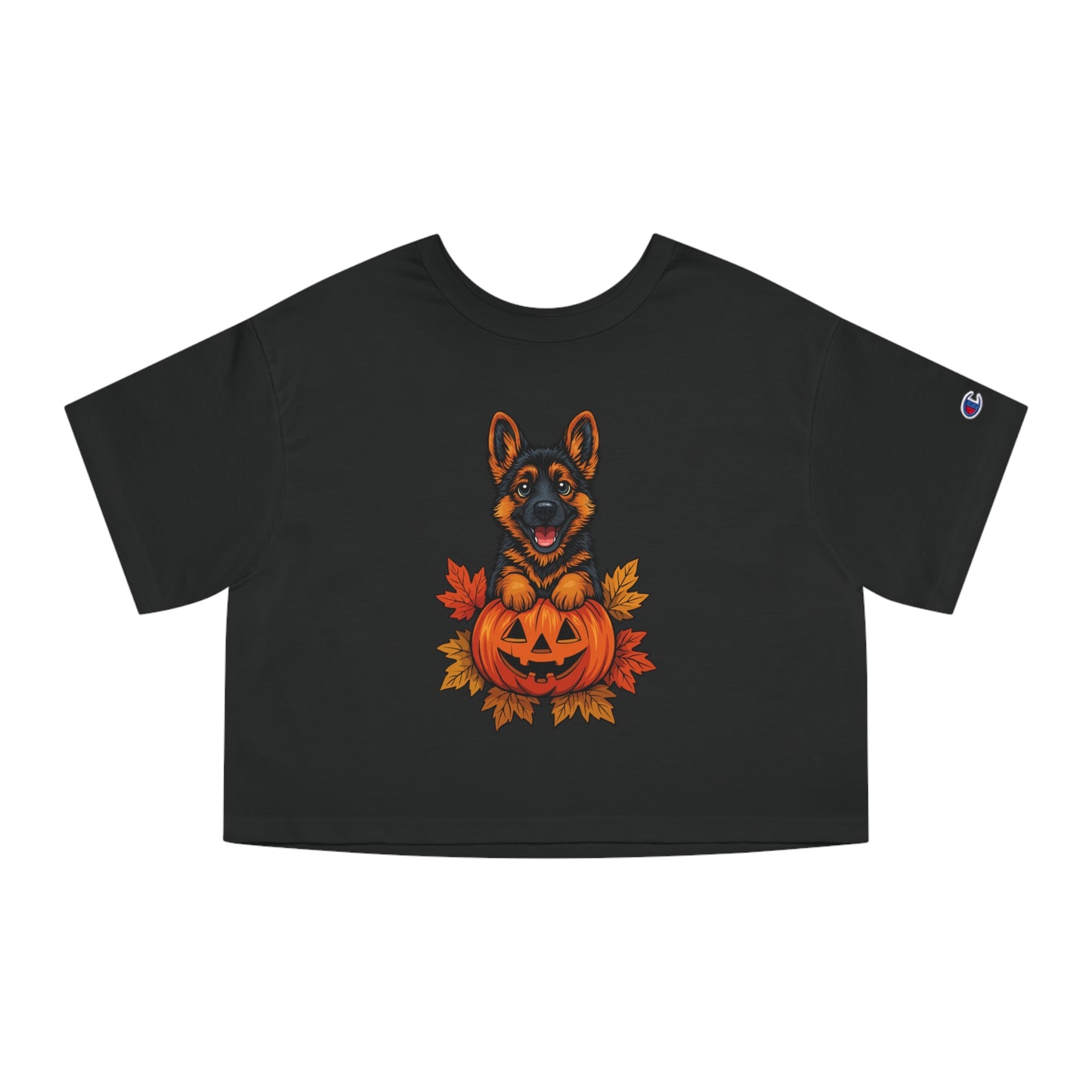 Black t-shirt with a Halloween-themed design featuring a dog and pumpkin on a white background