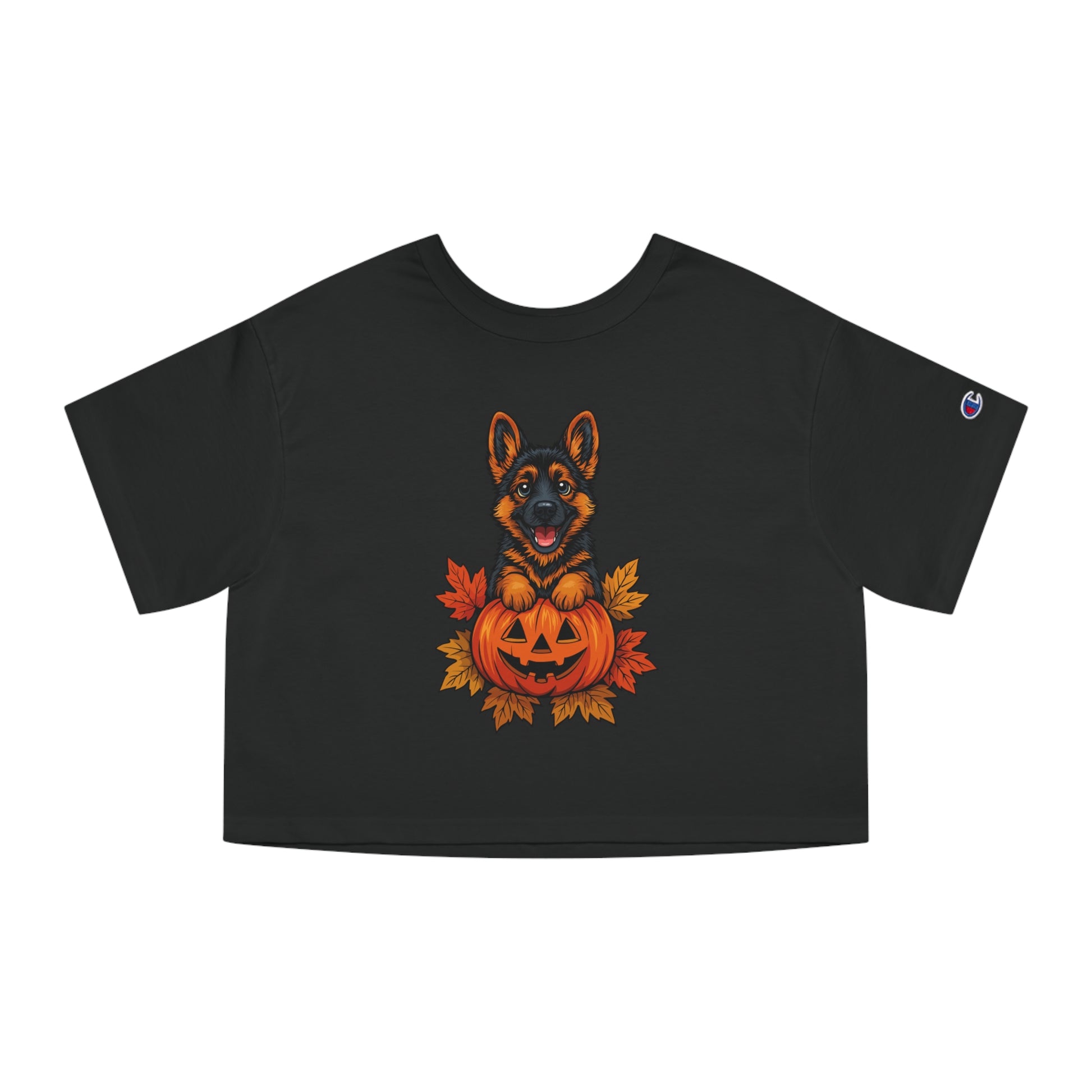 Black t-shirt with a Halloween-themed design featuring a dog and pumpkin on a white background
