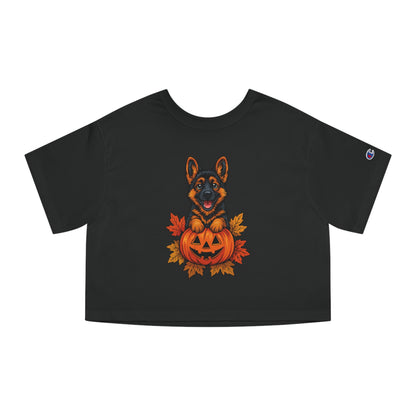 Black t-shirt with a Halloween-themed design featuring a dog and pumpkin on a white background