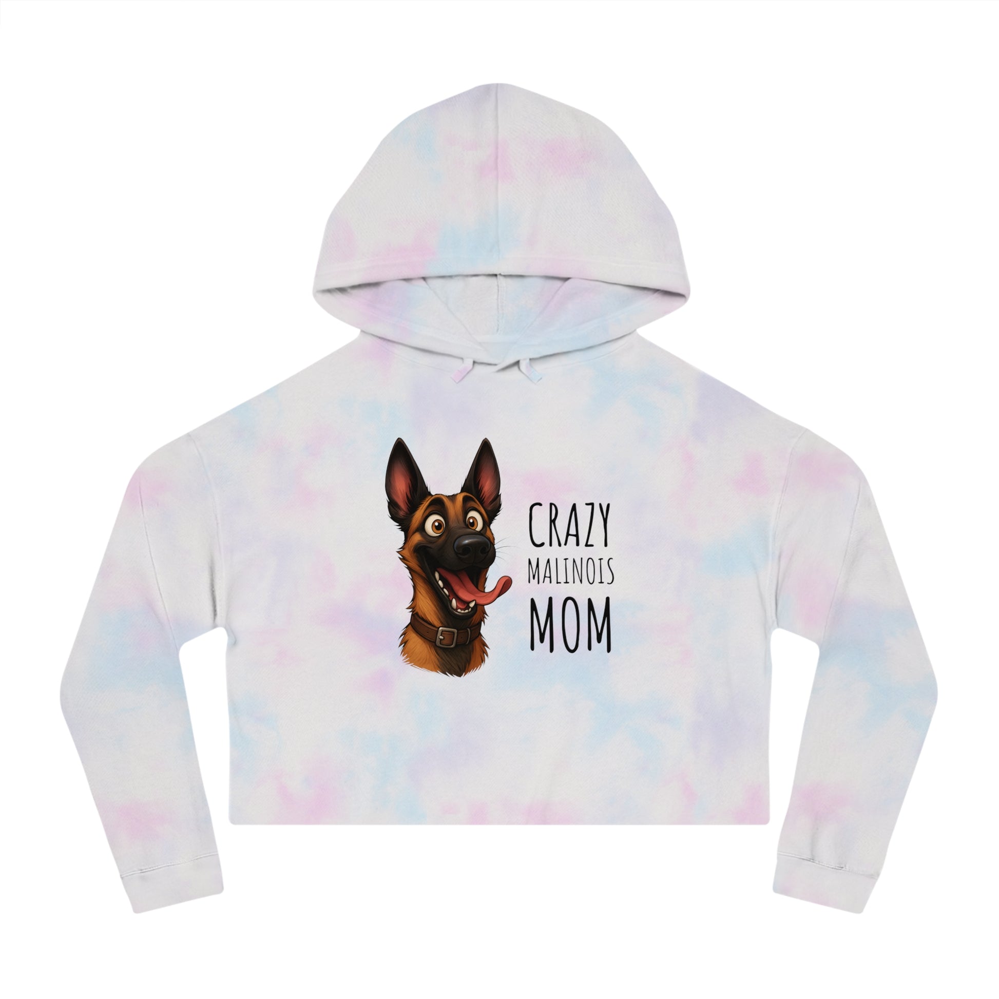 Tie-dye hoodie with a dog illustration and text on a white background