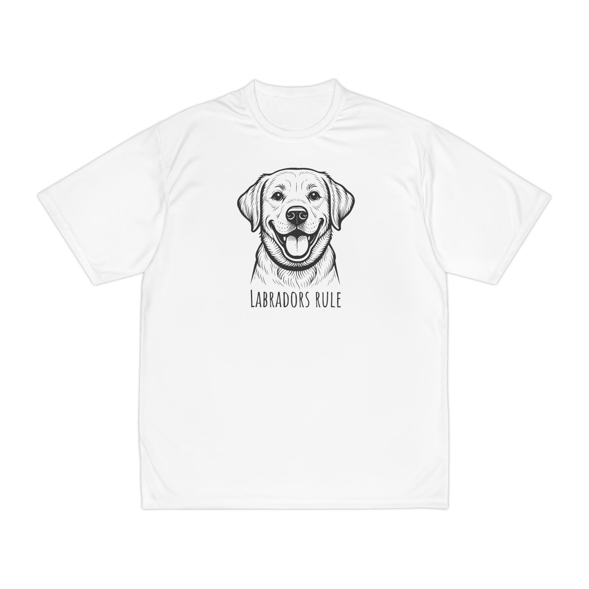 White t-shirt with a black and white illustration of a Labrador and 'Labradors Rule' text on a white background