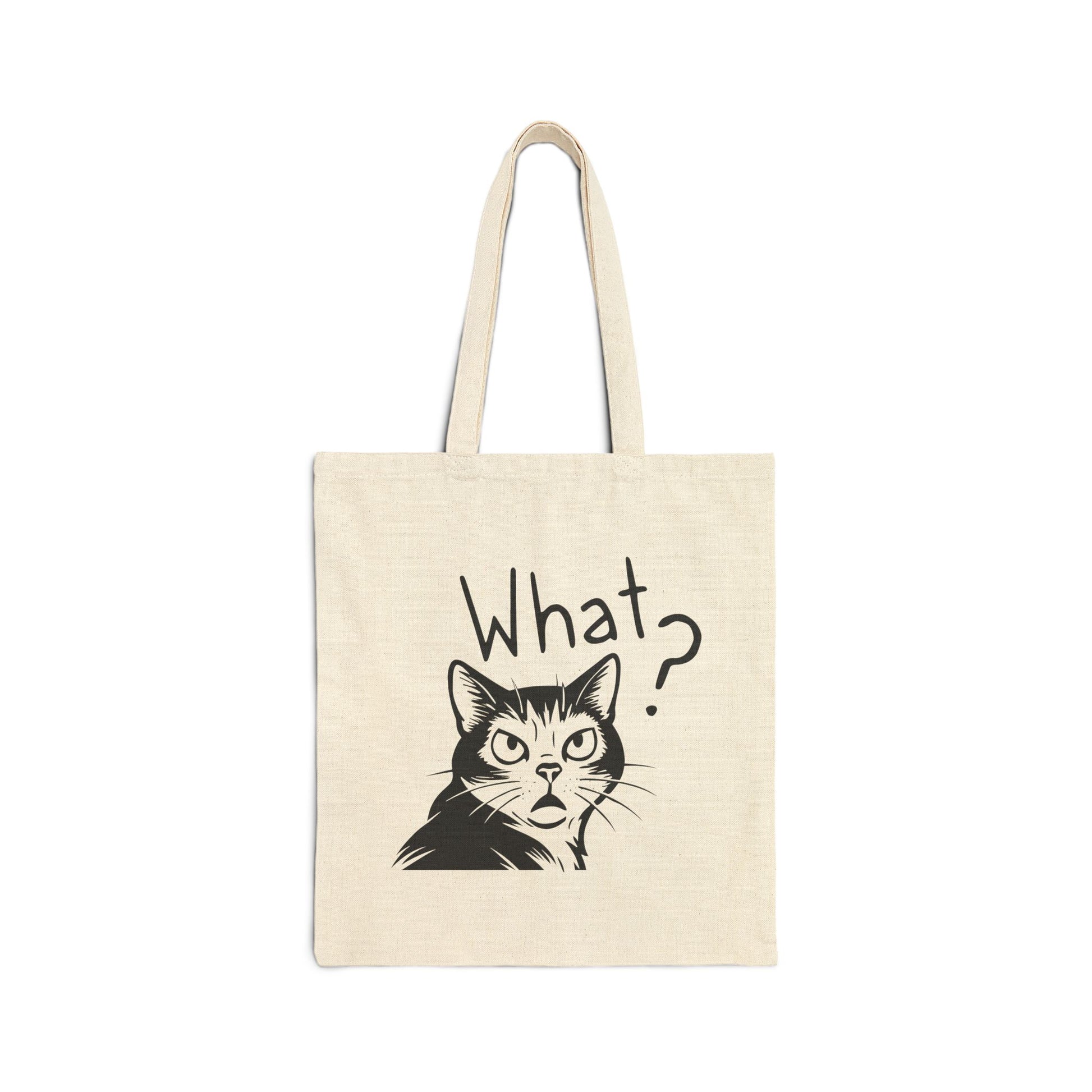 Tote bag with a cat graphic and 'What?' text on a white background