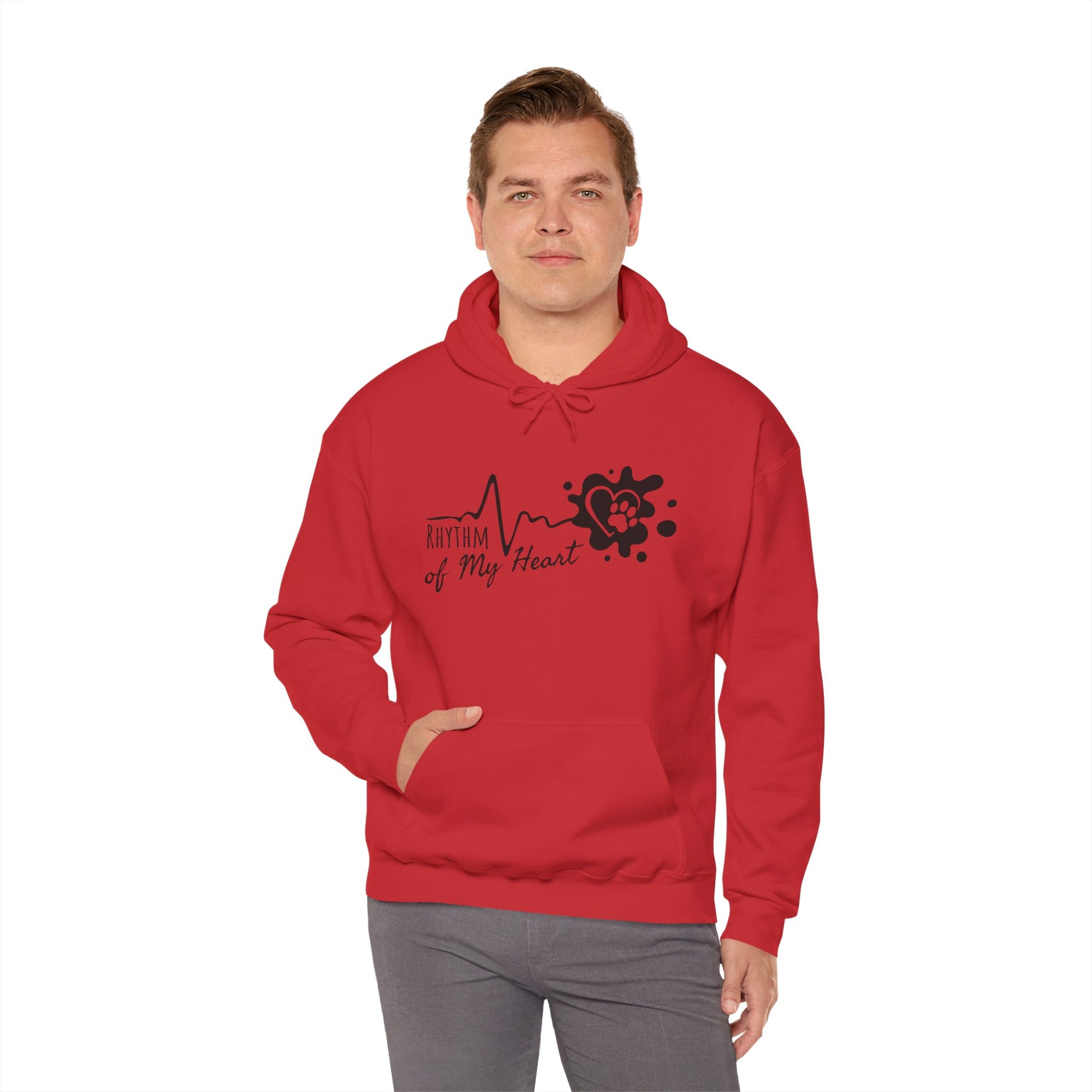 Man wearing a red hoodie with a black design on a white background