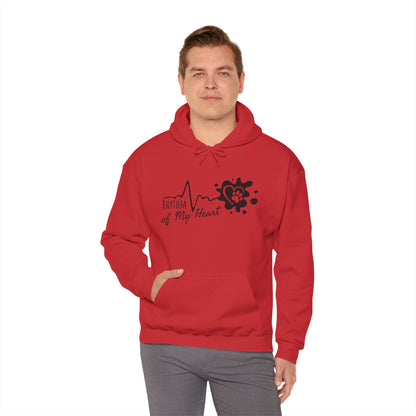 Man wearing a red hoodie with a black design on a white background