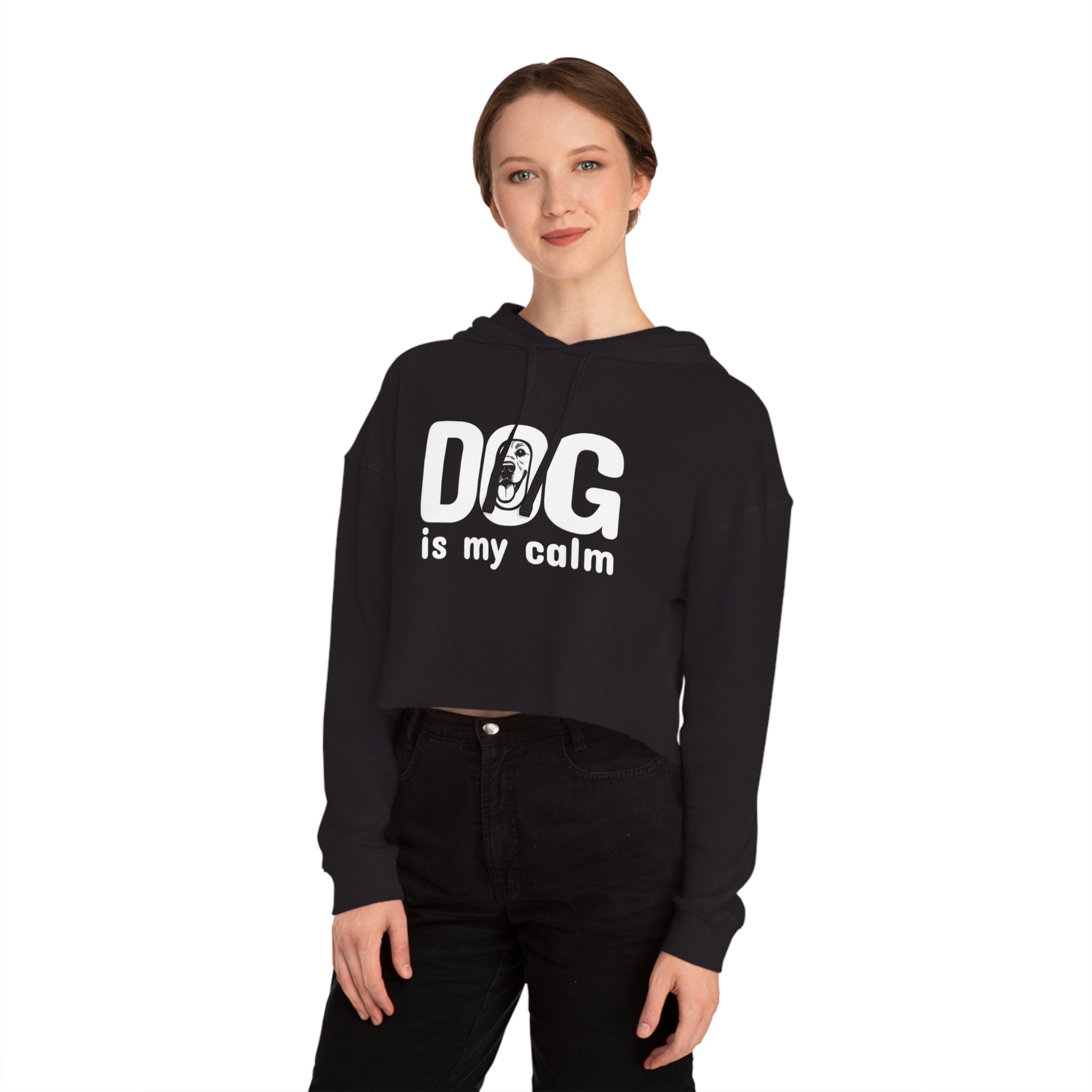 Person wearing a black hoodie with 'DOG is my calm' text on a white background