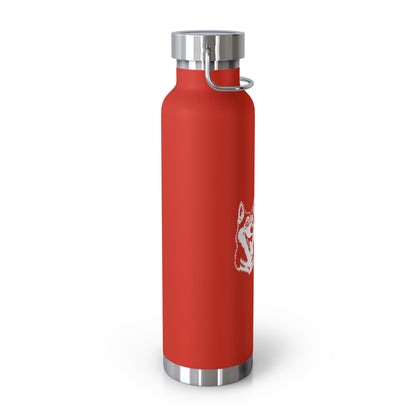 Red water bottle with a silver lid and handle on a white background