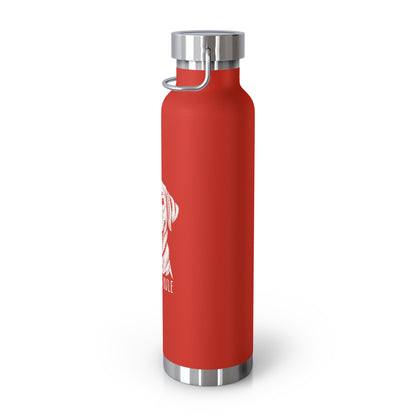 Red water bottle with silver lid and base on a white background
