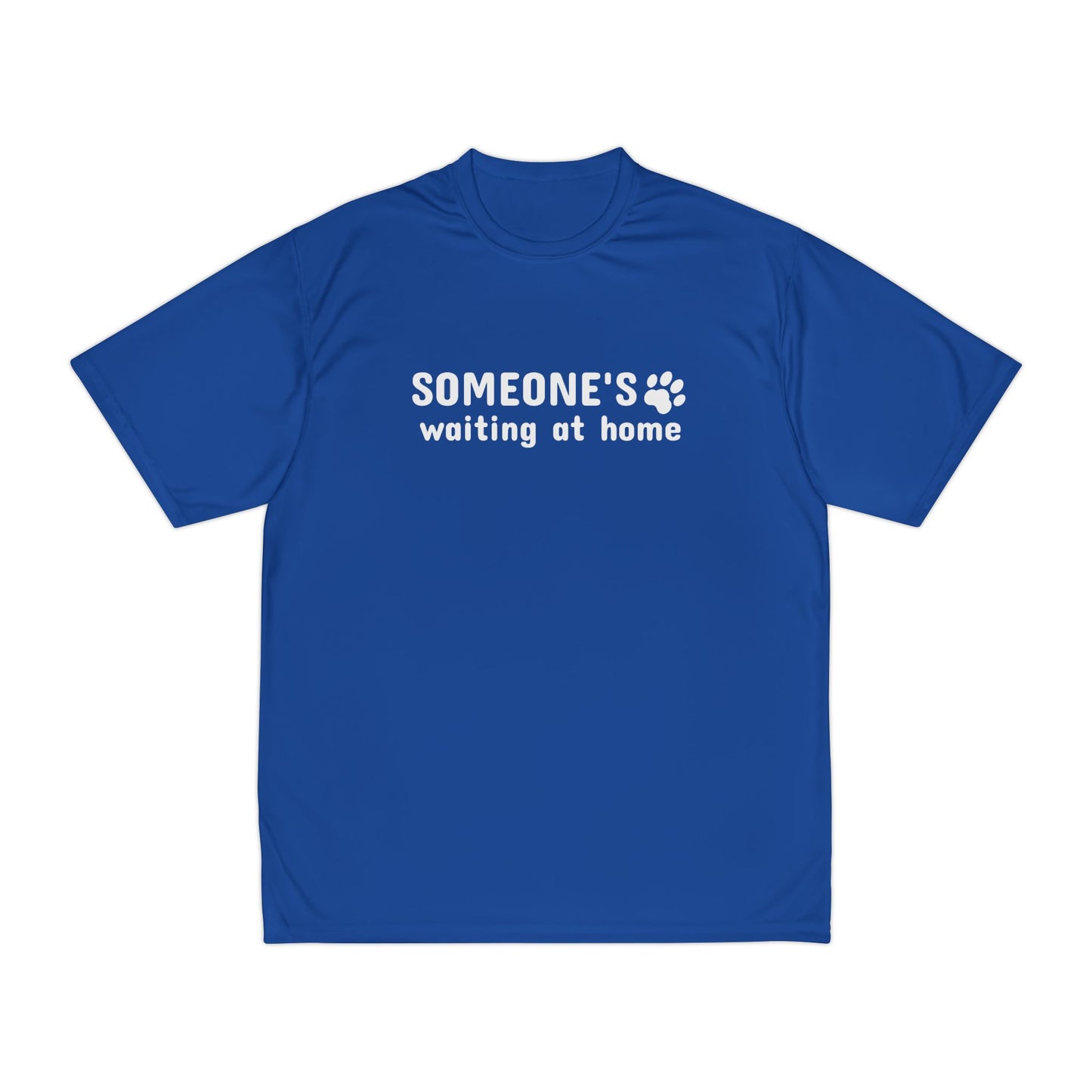 Blue t-shirt with text 'SOMEONE'S waiting at home' on a white background