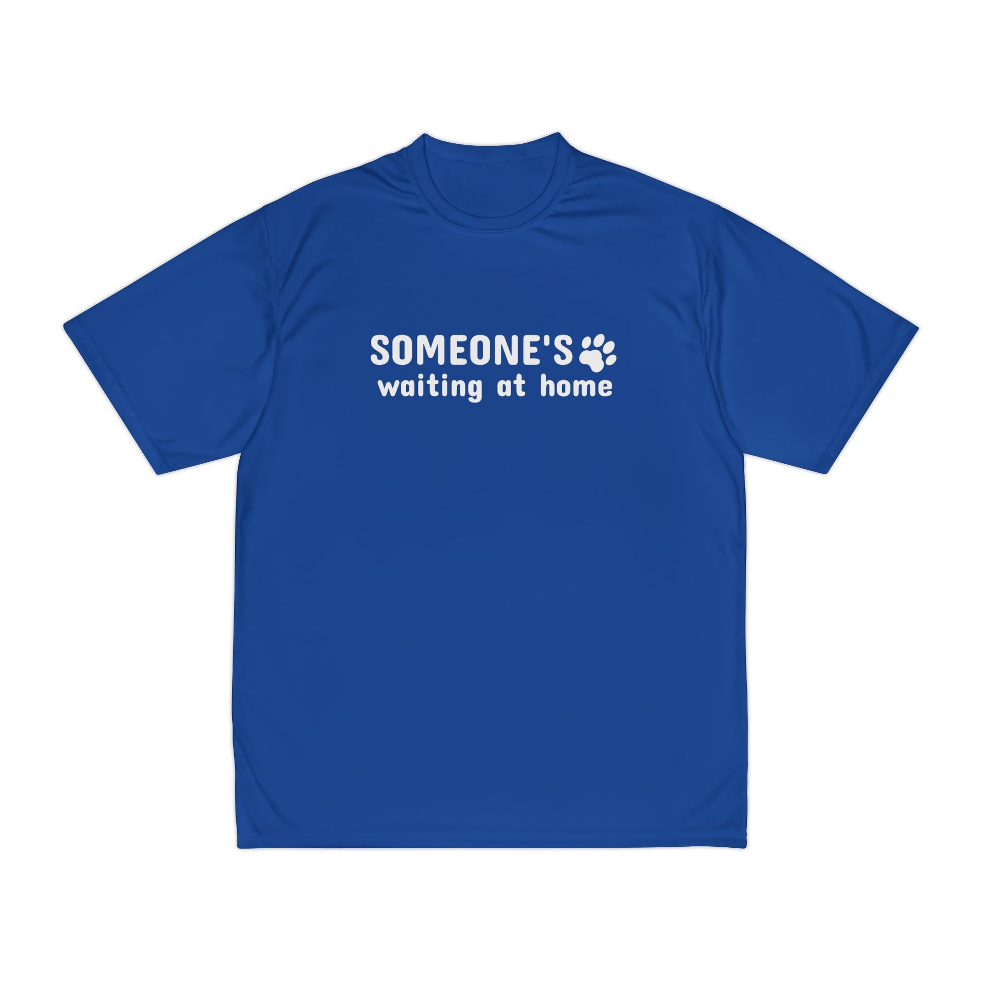 Blue t-shirt with text 'SOMEONE'S waiting at home' on a white background
