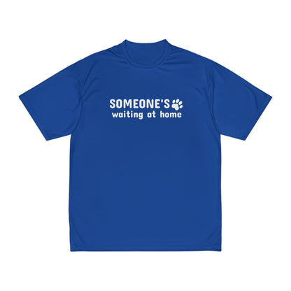 Blue t-shirt with text 'SOMEONE'S waiting at home' on a white background