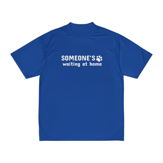 Blue t-shirt with text 'SOMEONE'S waiting at home' on a white background
