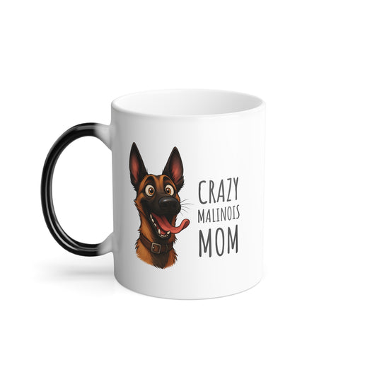 White mug with a dog illustration and text 'Crazy Malinois Mom' on a white background