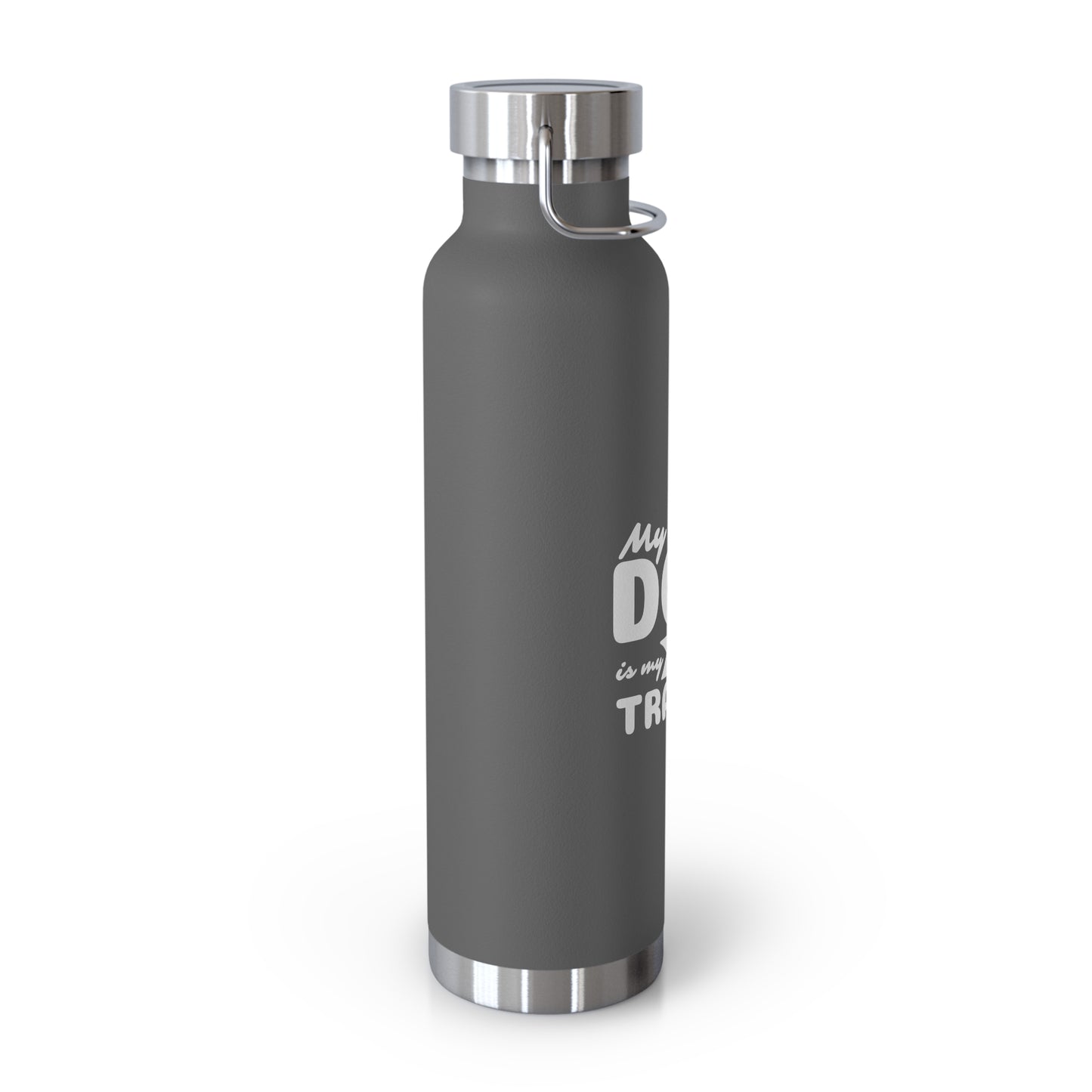 Gray water bottle with silver cap and text on a white background