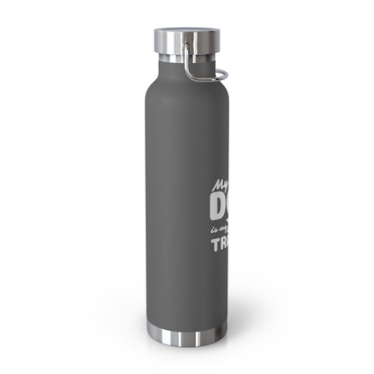 Gray water bottle with silver cap and text on a white background
