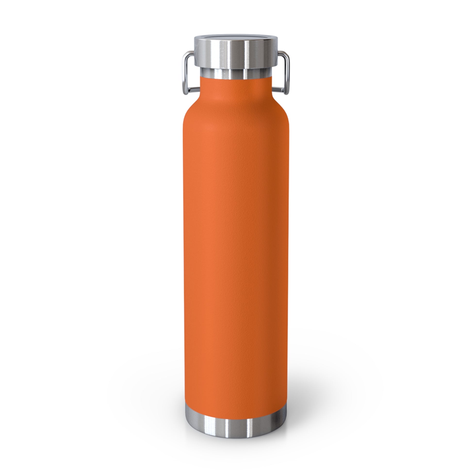 Orange water bottle with silver cap and base on a white background