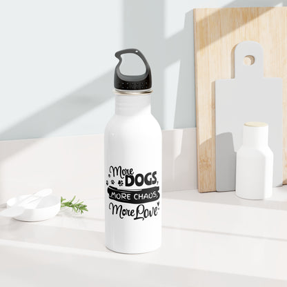 White water bottle with black text on a white surface with wooden cutting boards in the background