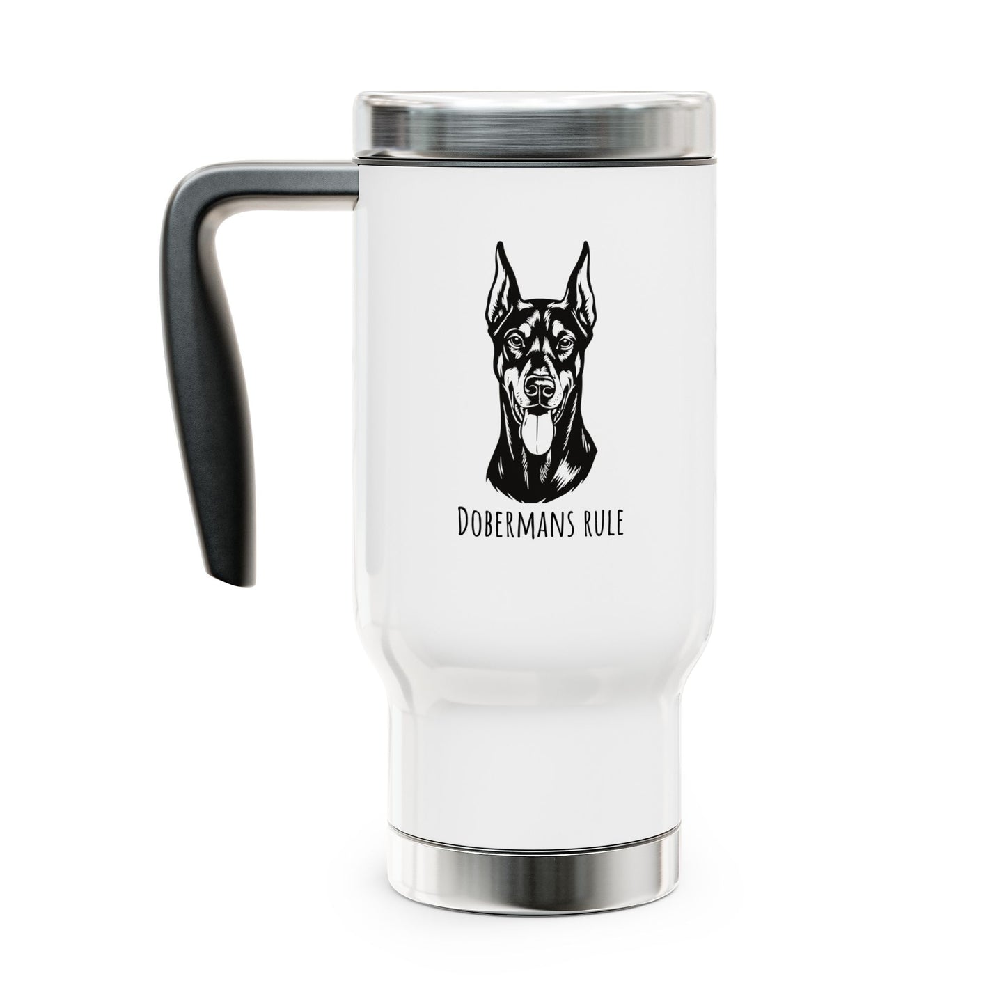 White travel mug with black handle featuring a Doberman illustration and 'Dobermans Rule' text on a white background.