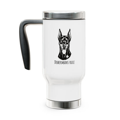 White travel mug with black handle featuring a Doberman illustration and 'Dobermans Rule' text on a white background.