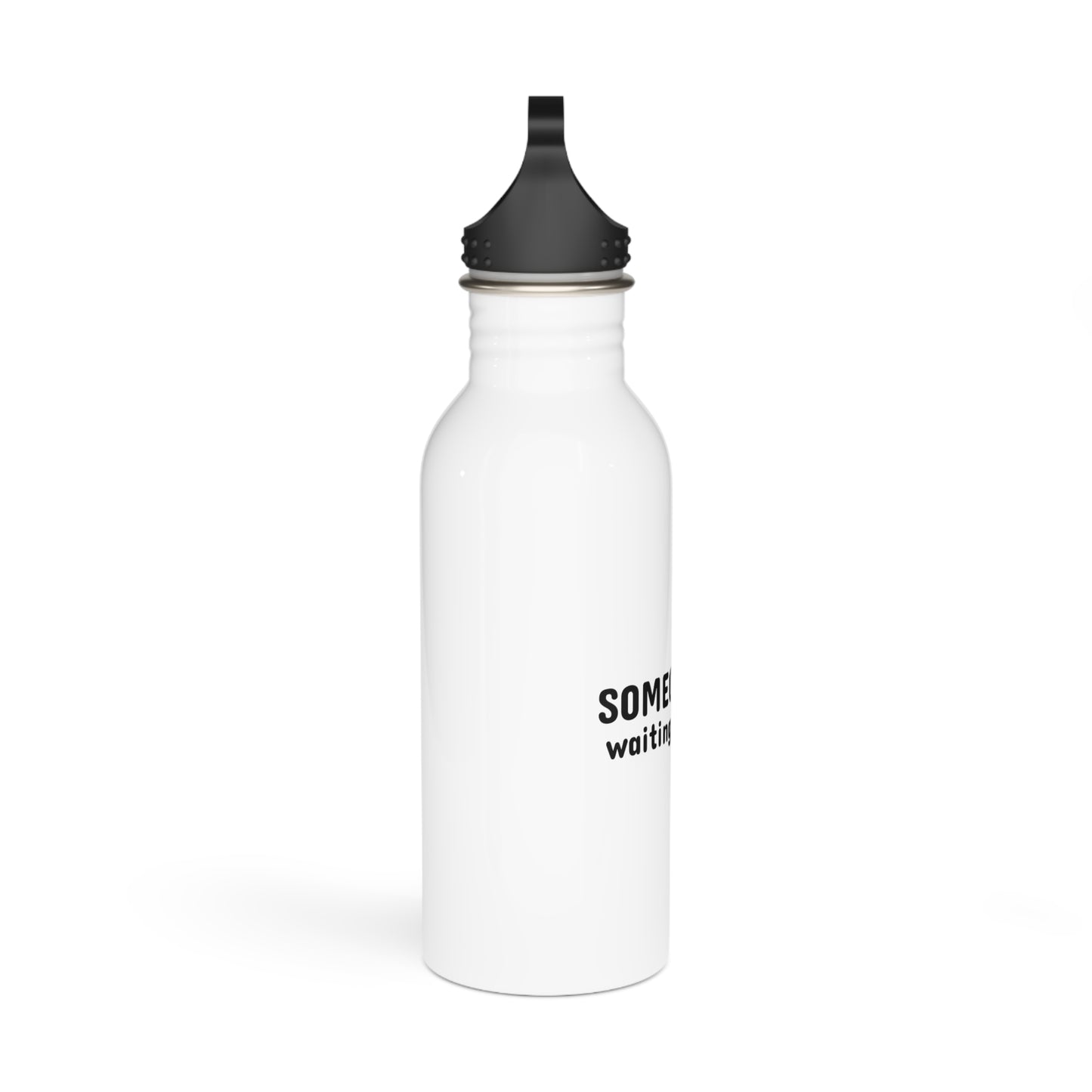 White water bottle with black cap and text on a white background