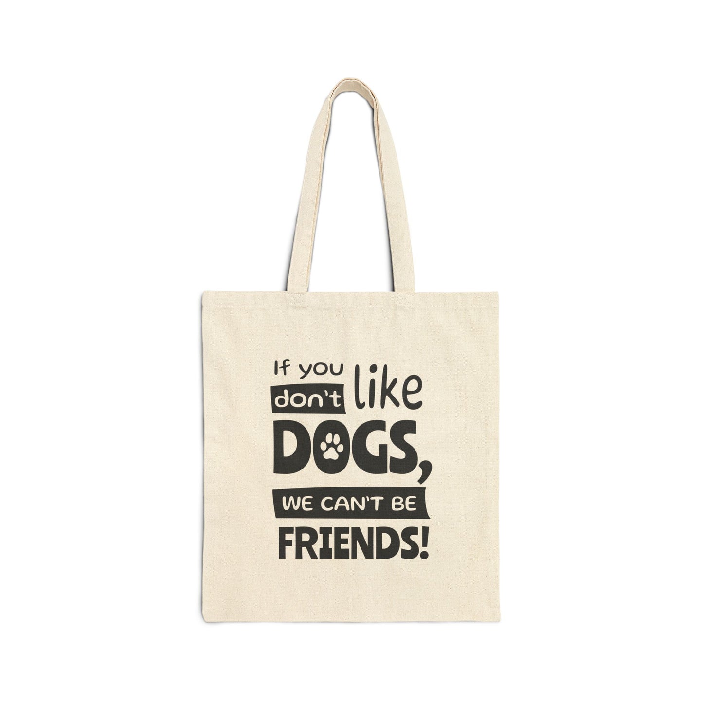 Beige tote bag with black text on a white background