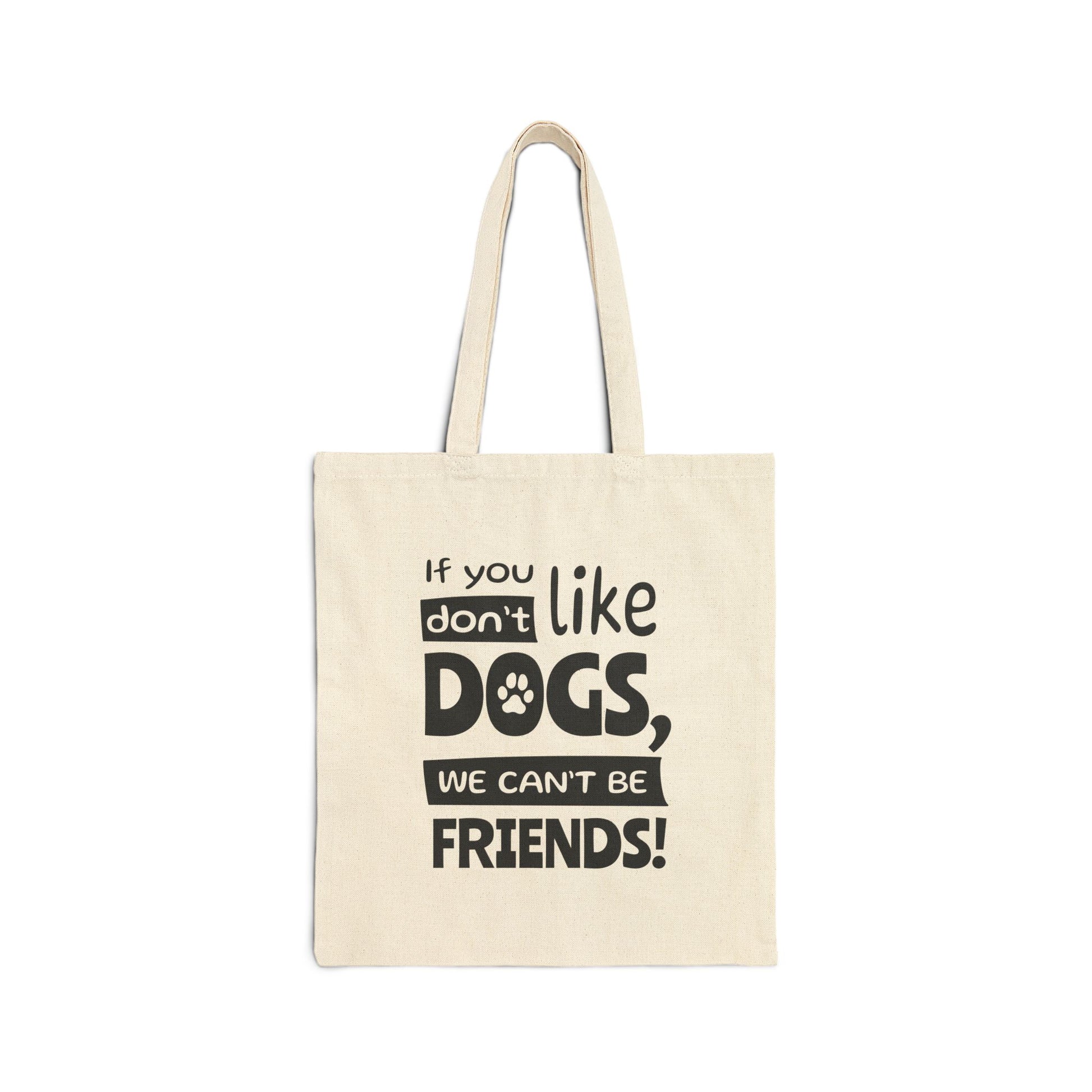 Beige tote bag with black text on a white background